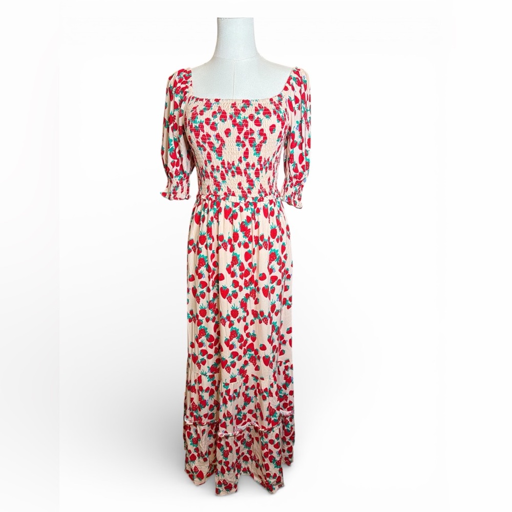 Betsey Johnson Strawberry Print Smocked Midi Dress XS Cottagecore Puff Sleeve